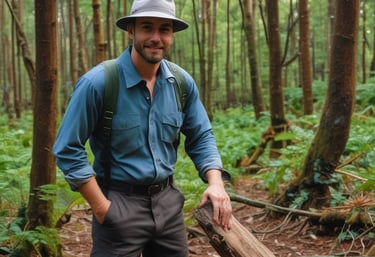 Happy farmer using a laptop outdoors with digital product icons floating around.