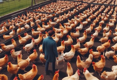 Happy farmer using a laptop outdoors with digital product icons floating around.