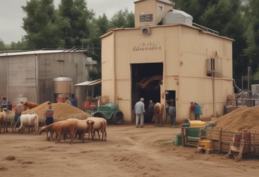 Happy farmer using a laptop outdoors with digital product icons floating around.