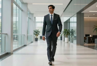 A South Asian / Indian professional walking confidently through a bright, minimalist corporate lobby in Pune, with clean glass and steel architecture.
