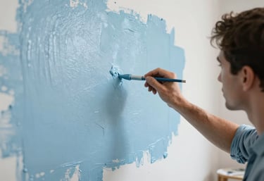 A skilled painter applying a fresh coat of high-quality light sky blue paint to a smooth wall in a Southern European / Spanish apartment.