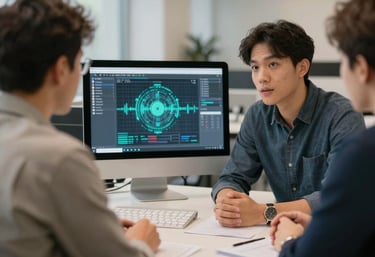 A friendly consultant discussing options with a client in a cozy office.