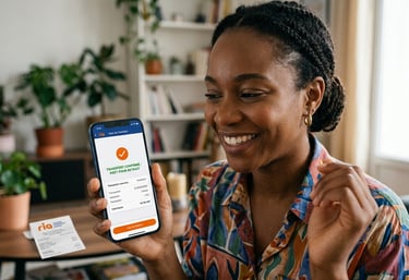 Client satisfait vérifiant la disponibilité de son argent sur le service de suivi Ria en ligne.