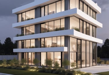 Modern luxurious residential building exterior with black, white, and gold accents.