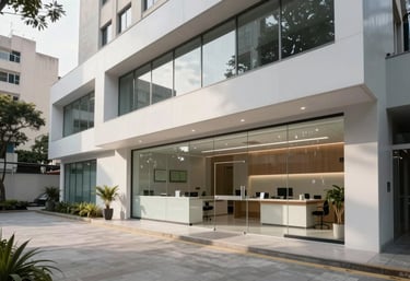Wide shot of a contemporary clinical office in a South American urban center, minimalist aesthetics, architectural focus on professional excellence and modernity.