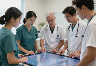 A professional team in modern clinical attire collaborating around a large interactive digital touchscreen in a bright North American medical office.