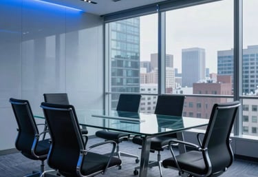 A modern, high-tech meeting room in North America with blue ambient lighting. A transparent glass table and ergonomic chairs sit in front of a floor-to-ceiling window overlooking a city.