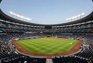 A wide shot of a bright North American stadium during a sporting event. The focus is on the stadium architecture and the green field from a spectator's perspective. The atmosphere is vibrant yet professional.
