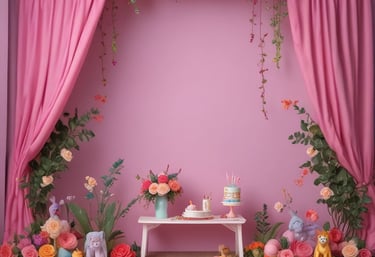 A bright, cheerful portrait studio with seasonal backdrops and a family posing happily.