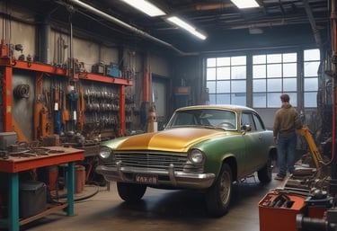 Workshop with skilled mechanics repairing a car frame.