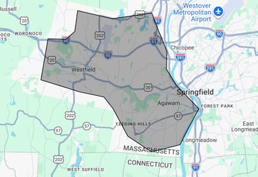 Local service area map highlighting Agawam, West Springfield, Westfield, and Feeding Hills, MA