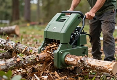 A powerful wood chipper processing tree limbs into clean mulch, with an arborist supervising carefully. The job site is organized and professional. Clear, focused lighting, highlighting the #2F5C3E and #1A2C21 green palette.