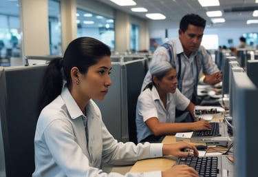 Close-up of hands working on a digital tablet with construction plans.