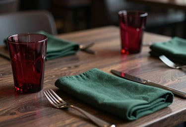 An intimate shot of a modern restaurant table in North America / US, featuring deep ripe crimson glassware and a matte forest green napkin. The mood is sophisticated and inviting.