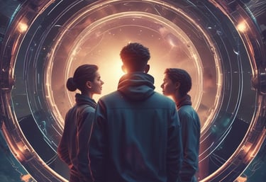 four person hands wrap around shoulders while looking at sunset