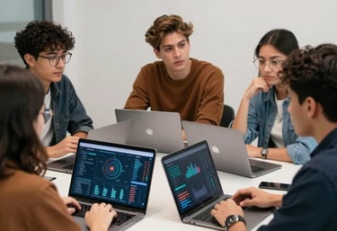 Team of diverse professionals collaborating over data charts in a modern office.
