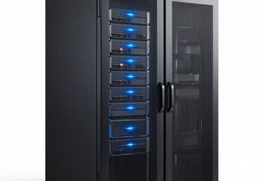 Clean, minimalist photograph of a high-end data server rack illuminated with soft blue LED lights, representing high-speed processing, professional style.