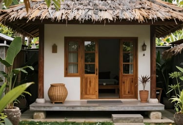 A charming Balinese villa surrounded by lush tropical gardens at sunset.
