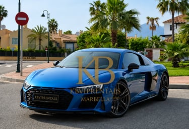 Luxury blue Audi R8 sports car for rent in Marbella, Spain, parked on a sunny street with palm trees.