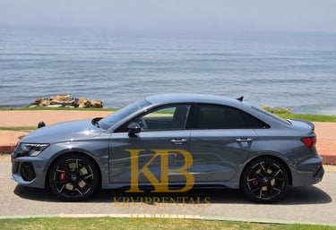 Side profile of a sleek grey Audi RS3 luxury sedan parked along a coastal road with ocean views.