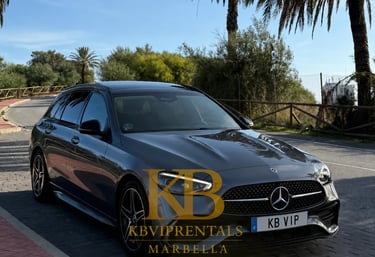 Luxury grey Mercedes-Benz station wagon parked on a sunny Marbella street with palm trees.