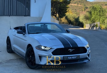 Silver Ford Mustang convertible with racing stripes parked on a scenic Marbella road for luxury car rental.