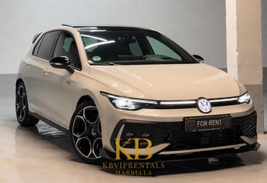 White Volkswagen Golf GTI hatchback for rent in Marbella with LED headlights and black alloy wheels.