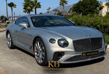 Silver Bentley Continental GT luxury car rental parked in Marbella with palm trees and mountains.