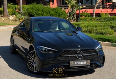 Black Mercedes-Benz CLE coupe for rent in Marbella, featuring a sleek design and luxury interior.