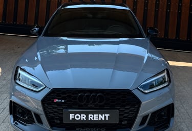 Front view of a Nardo Grey Audi RS5 luxury car rental in Marbella parked in front of a wooden gate.