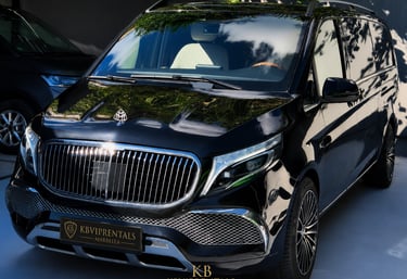 Luxury black Mercedes-Benz V-Class chauffeur van with Maybach trim available for VIP rental in Marbella.