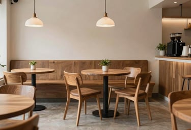 A high-quality photography shot of a contemporary Vietnamese cafe with minimalist decor. Soft natural lighting, wooden furniture, and a clean, inviting atmosphere that reflects modern F&B standards.