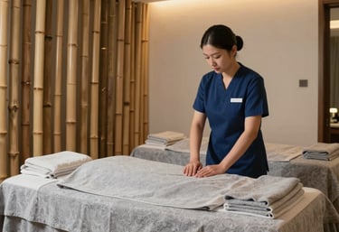 An elegant photography of a luxury spa interior in Vietnam. Features include bamboo accents, soft ambient lighting, and serene textures of light gray and blue, conveying peace and professional care.