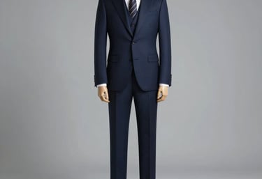 A full-length photograph of a navy blue bespoke three-piece suit on a mannequin, set against a minimalist gray background. International / Western.