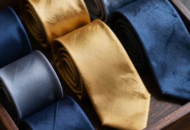 A collection of fine silk neckties in gold and slate blue, neatly rolled in a dark wood display box. International / Western.