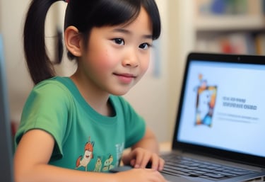 A cheerful cartoon child sitting at a computer with British and Hong Kong flags in the background.