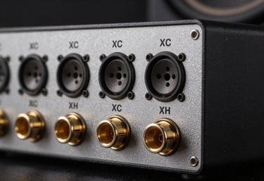 A close-up of the rear panel of a high-end audio interface, featuring gold-plated XLR connectors and balanced signal ports, emphasizing a technical and professional engineering style.