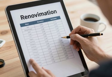 An architect reviewing renovation plans inside a bright, stylish home interior.