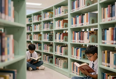 A modern, airy library in a Southeast Asian / Thai school, featuring students reading and soft pale green shelving.
