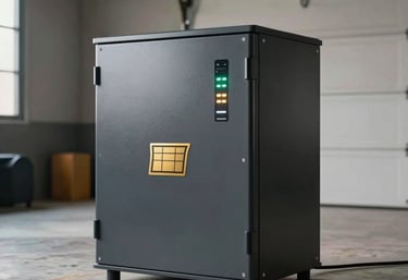 A sleek, industrial-style lithium-ion battery storage unit shown in a modern South Asian garage or utility room. The unit is compact and modern, featuring a solar gold logo and status LED indicators.