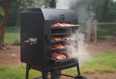 Portrait of Chad Williams beside his custom smoker, smiling warmly with a backdrop of wood and smoke.