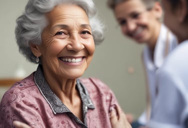 A warm, inviting healthcare professional gently assisting an elderly patient in a sunlit room with earth-toned decor.