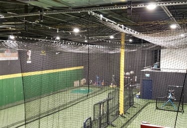 a baseball player is taking a swing at a batting cage