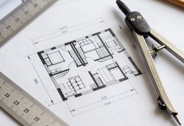 Architect reviewing detailed construction blueprints on a desk with a cityscape background.