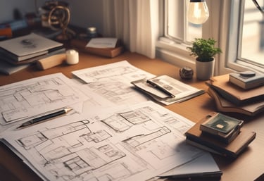 Architect reviewing detailed construction blueprints on a desk with a cityscape background.