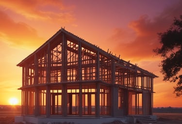 Construction team reviewing architectural plans on a building site during sunset.