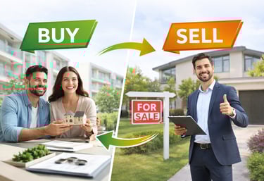 A smiling couple holding a house model next to a real estate agent showing a home for sale.