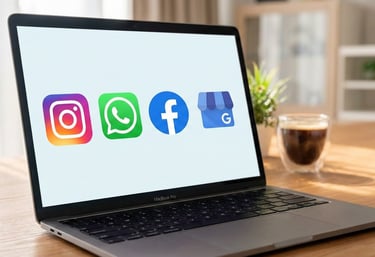 Laptop on a desk displaying Instagram, WhatsApp, Facebook, and Google My Business icons for digital marketing.