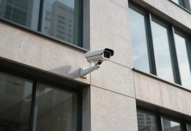 Modern exterior architecture of a corporate office building in a Latin American city, featuring a sleek security camera system installed on the facade, clean and professional style.