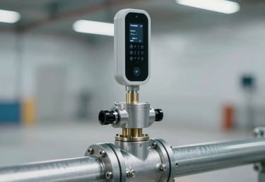 A high-precision acoustic leak detection sensor placed on a metal water pipe. The background is a clean, modern building basement with soft lighting, emphasizing professional technology.